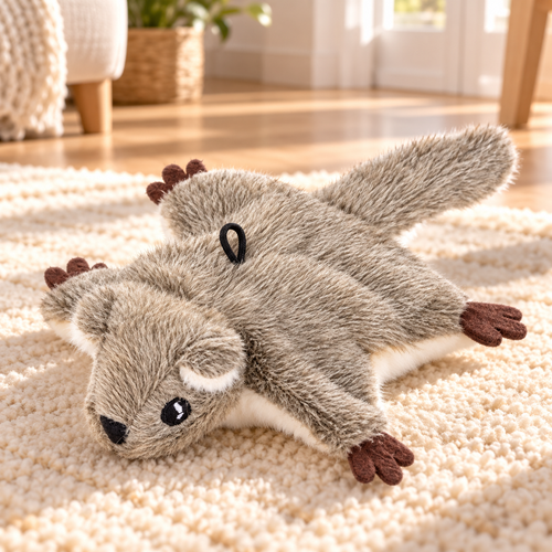 Grey flying squirrel plush cat toy in a sunlit home