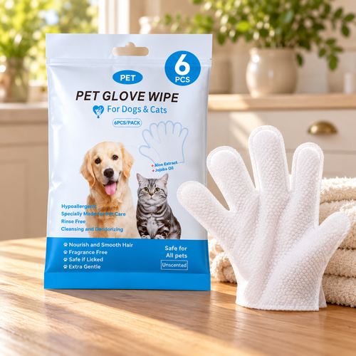 Blue-packaged pet grooming glove wipe in a sunlit home