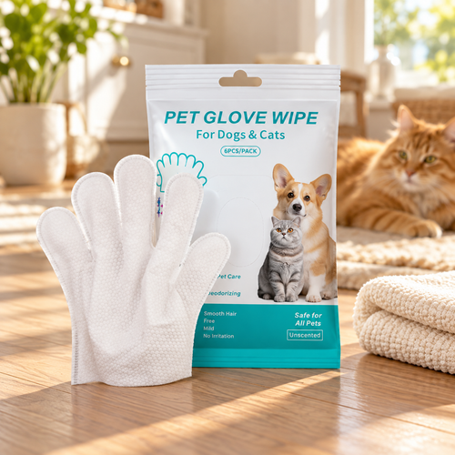 Everyday Grooming Wipes and Gloves in a warm sunlit home